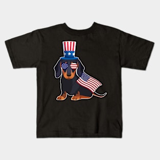 Dachshunds Uncle Sam Hat Sunglasses Usa Flag 4th Of July Kids T-Shirt